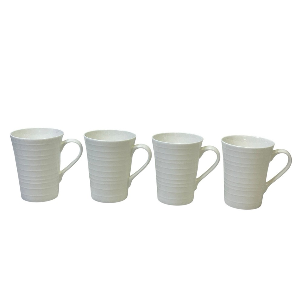 Set of 4 Mikasa 'Swirl' White Bone China 12 Oz Cups/ Mugs Raised Rings 4.5" EUC
